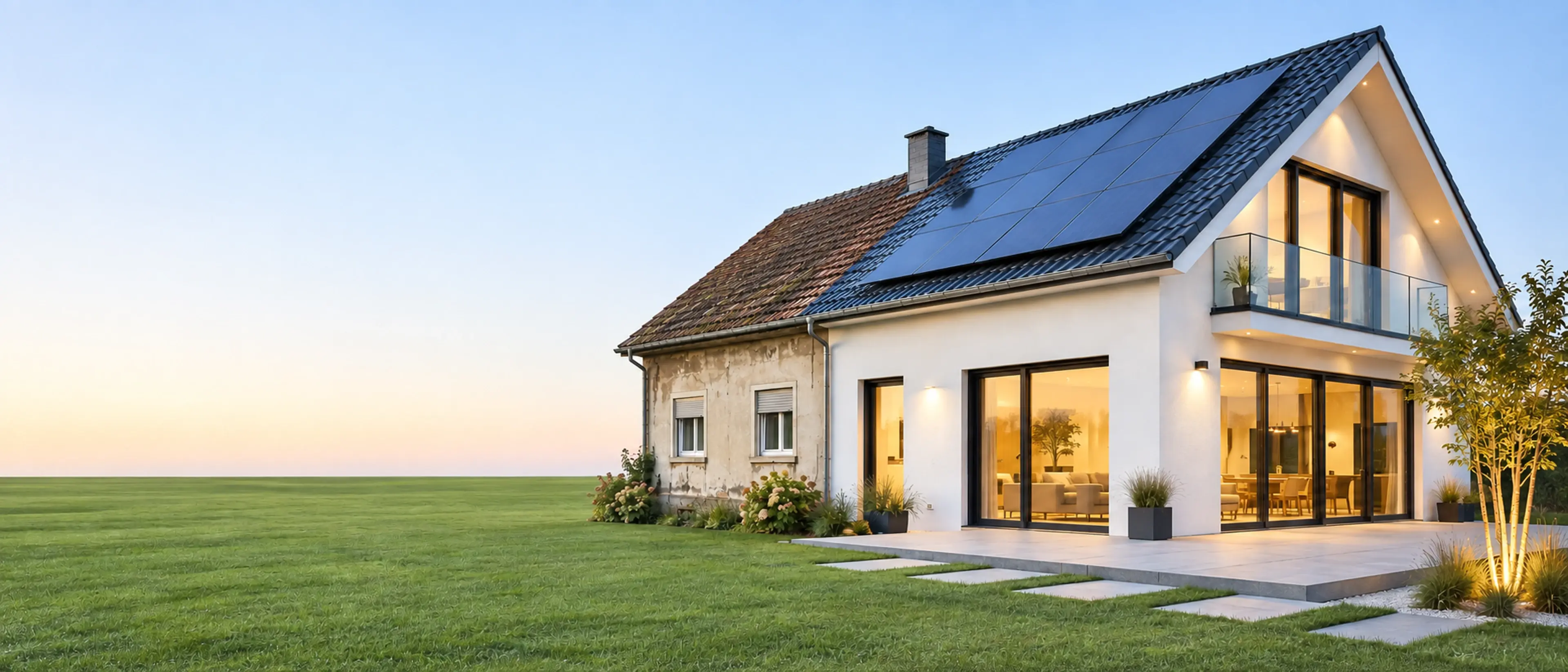 Vorher-Nachher-Ansicht eines Einfamilienhauses: ein gealterter Gebäudeteil mit altem Putz und kleinen Fenstern geht unter einem durchgehenden Dach in eine modern sanierte Haushälfte mit weißer Fassade und großen Glasflächen über
