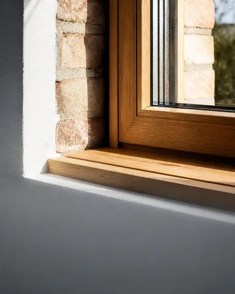 Ecke eines neuen dreifach verglasten Holzfensters an heller Laibung im klaren Mittagslicht