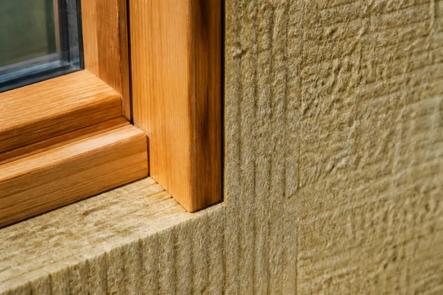 Mineralwolldämmung fugenlos an den Holzrahmen des Fensters gepresst, klares Tageslicht auf der Fuge