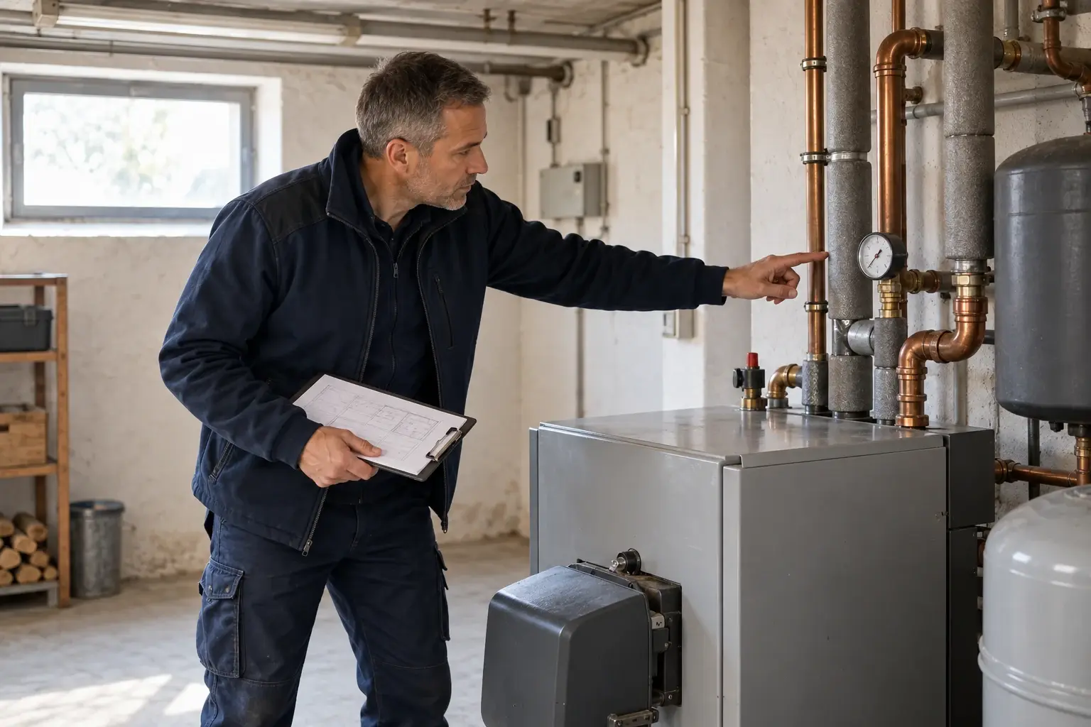Bausachverständiger mit Klemmbrett prüft Rohrleitungen und Manometer einer bestehenden Heizungsanlage im hellen Keller